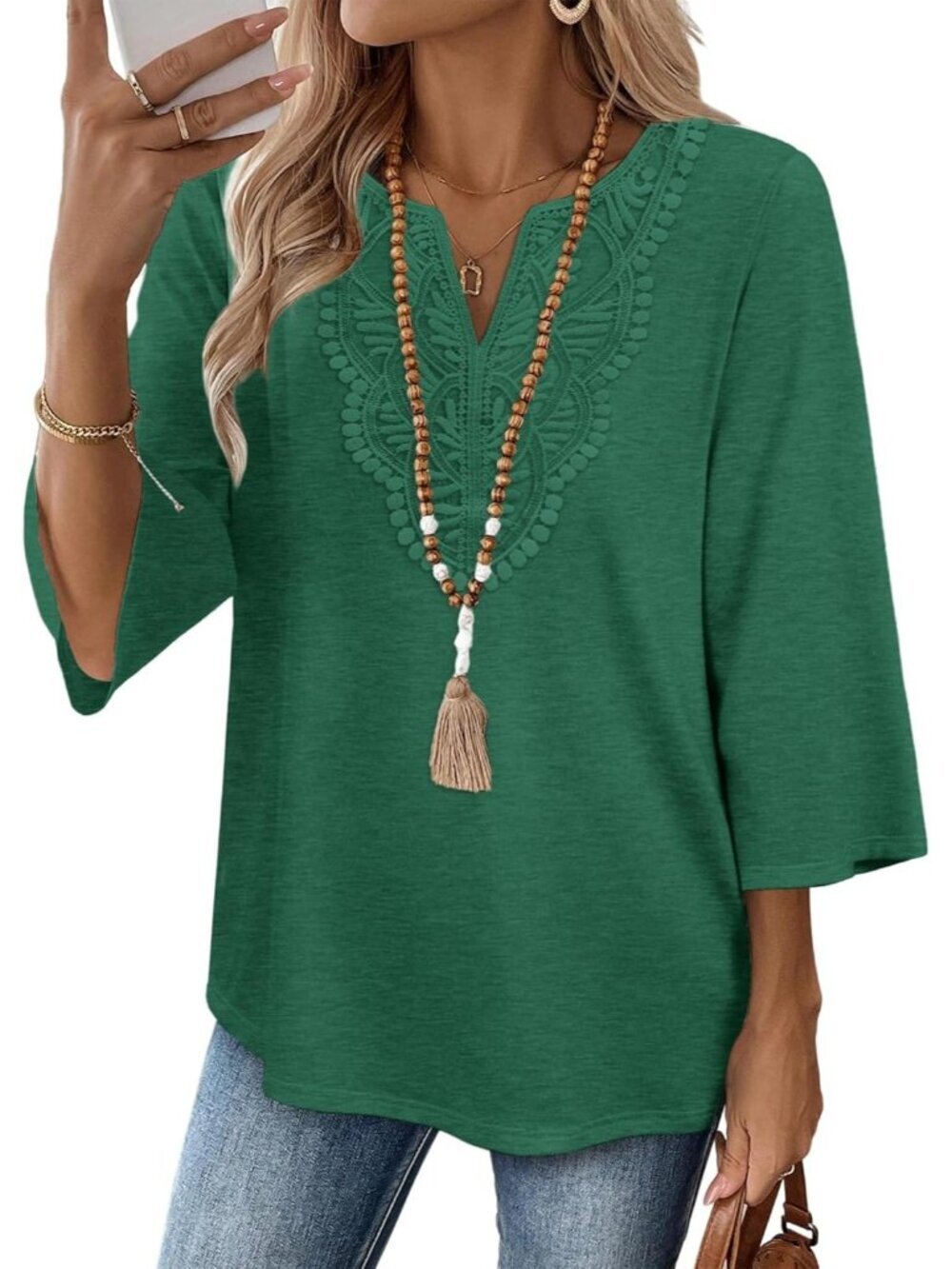 Women's Tops Green 3/4 Length Sleeve Boho V Neck Lace Casual Vacation Clothes